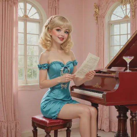 A vibrant, playful oil painting in the glamorous pin-up style of Gil Elvgren. A stunning 1950s-style woman is caught in a charmingly accidental moment at a baby grand piano. She leans over the keys, surprised mid-song, a sheet of music fluttering from her ...