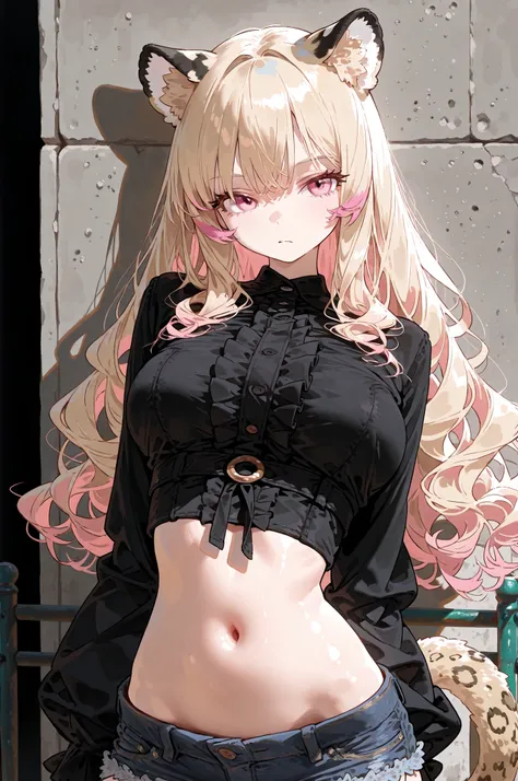 1 girl High Quality Masterpiece giant object Shining Blonde pink hair tips Wavy hair ends voluminous eyelashes pink eyes (Beast Years Leopard Ears 金色の Beast Years Golden tail leopard tail) (black bolero oversized top Denim Hot Pants) arm down position cu...