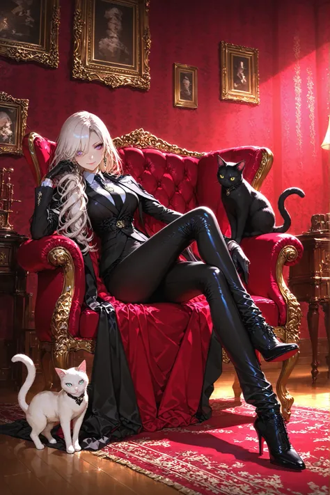 masterpiece, perfect quality, super definition, Female mafia boss, intellectual smile, Sharp Eyes, Stylish Pantsuit, High Heels, white long-haired cat, Velvet Armchair, antique study, classical decoration, indirect lighting, Burgundy Wallpaper