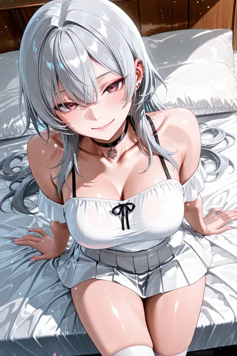 wolf cut、medium long hair、Shining silver hair、attractive face on back、adult woman、white off-shoulder、white miniskirt、pleated skirt、black choker、piercings、white clothes、bedに寝転がる、thighsアップ、high image quality、high resolution、thighs、bed