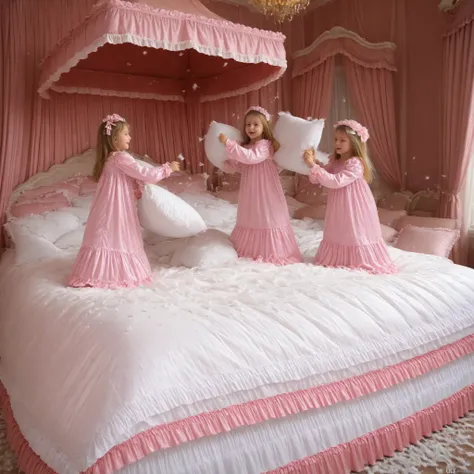 American girls,on the bed,((cute girls on a big bed)),((Childhood )),((Little Girls)), ((little girls pillow fighting on the bed,pillow fight:1.2,)),they have ruffled silk satin pillows,((lots of white feathers dancing,detailed realistic feather:1.0)),shor...