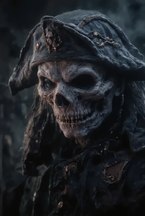 Davy Jones wears a pirate hat,fear,dark lighting, long shot, realistic horror movie scene featuring a terrifying zombie that looks like a real person. The background is a typical Japanese high sclool with horror movie setting, style of Japanese horror film...