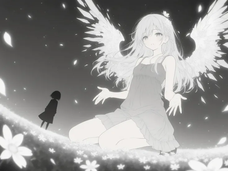 relaxed and cozy style,simple color,(flat color:1.2),,trk,
(deformed:1.2),a pale android girl kneeling in an infinite monochrome void, arms outstretched slightly with palms open as if trying to receive something that's no longer there, glitch particles ri...