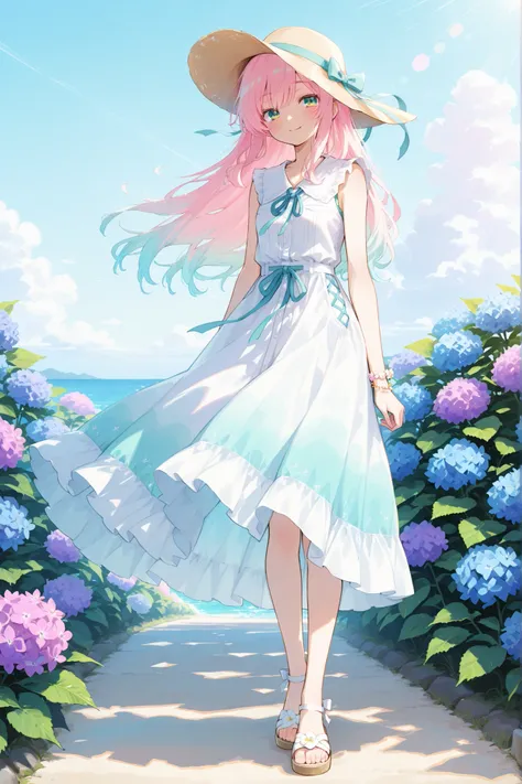 anime style, digital illustration
a girl enjoying summer breeze wearing a flowing skirt
light and airy midi skirt in pastel colors, sleeveless blouse, sun hat with ribbon, sandals, delicate bracelet
standing on a quiet seaside path lined with hydrang...