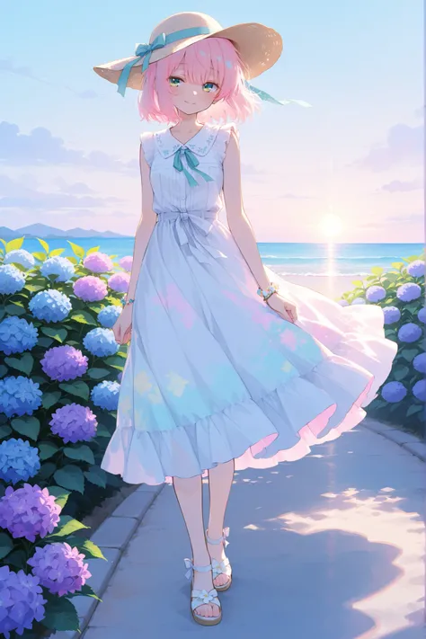 anime style, digital illustration
a girl enjoying summer breeze wearing a flowing skirt
light and airy midi skirt in pastel colors, sleeveless blouse, sun hat with ribbon, sandals, delicate bracelet
standing on a quiet seaside path lined with hydrang...