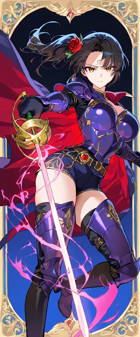 (beautiful girl : 1.3),1 girl,(ARW),(Purple Armor,purple cloak with yellow embroidery,Red rose hair accessory,purple hot pants,thigh,boots),dark haired,side ponytail,Forehead,Serious Expression,with rapier,From rapier to purple aura,simple color background,Dynamic Angles,masterpiece,Highest Quality,Rich Contrasts,high image quality,8k,High Definition CG Unit Wallpaper,Textures,unbelievably absurd,RAW pictures,Deep Border 1 .2,very detailed 