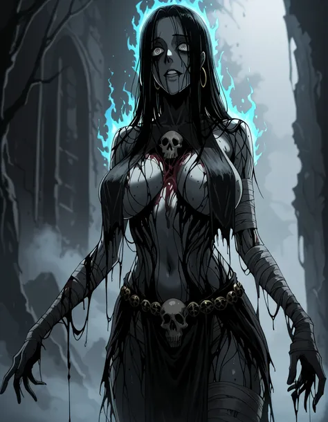 90's Anime, Dark Horror, Quality_masterpiece, Absurd res, score_9, score_8_up, (masterpiece), source_Anime, rate_Safe, ultra high quality, ultra detailed, expressive eyes, hoop rings, small stature, Magma Genasi skin, white, big apart breasts, reduced wear...