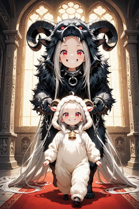 masterpiece, Highest Quality, Ultra Details, high resolution, 1girl, little girl, Silver Hair, abnormally long hair, Quota, Big Round Red Eyes, Wrapping angle, Tiny Crooked Teeth, Cheerful smiling expression, wearing an adorable fluffy sheep costume with a...