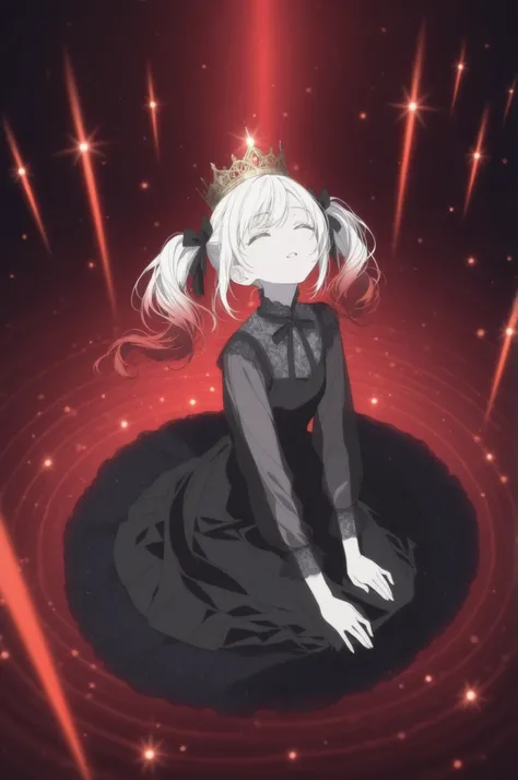 relaxed and cozy style,simple color,(flat color:1.2),,trk,
(deformed:1.2),high-angle shot, A girl sits at the top of a wide marble staircase as crimson rain falls from the sky. She hugs her knees gently to her chest, her long black silk dress pooling arou...