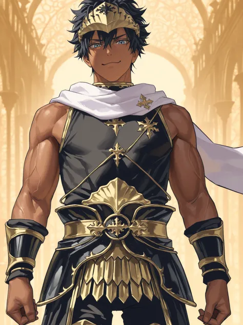 blackcloverxl, ((black and gold armor)), ((blue eyes)), ((black and gold fantasy clothing)), ((flowing scarf)), ((sleeveless shirt)),  ((dark-skinned male)), ((black hair)), ((anime hairstyle)), ((muscular arms)), ((knight visor)), ((cheerful expression)),...