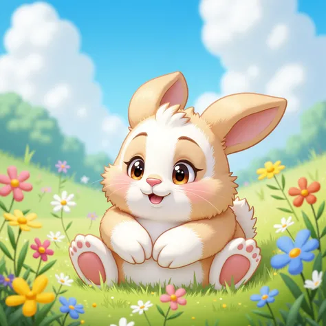 a cute and funny bunny with fluffy white and pale brown fur, large bright brown eyes, and a little pink nose, wearing a mischievous expression with slightly raised eyebrows and a subtle smile, sitting in a lush green meadow filled with vibrant wildflowers ...