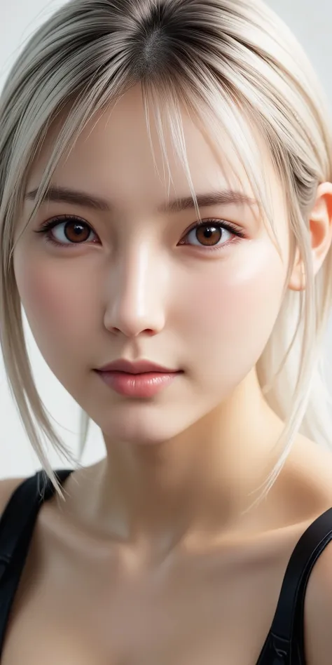 Portrait, realistic, , blue eyes, platinum blonde hair, Sideways Bang, 4K resolution,  High Quality CG, Beautiful CG, Soft Light