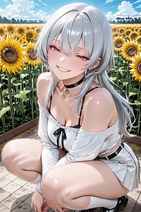 wolf cut、long hair、Shining silver hair、attractive face on back、adult woman、White Off Shoulder、white miniskirt、pleated skirt、black choker、piercings、white clothes、Sunflower field、Crouch down and look at the sunflowers、squatting、Blue Sky、Three-dimensional clo...