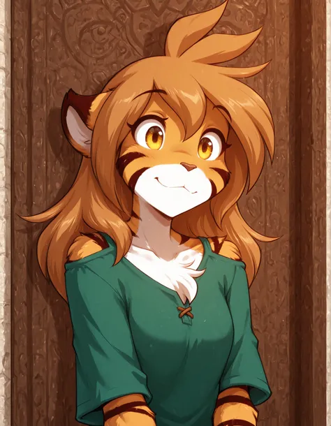 masterpiece, best quality, very aesthetic, 1girl,, furry, solo, flora-twokinds, flora_twokinds,, tiger, striped fur, keidran, yellow eyes, anthro, runesword,, green shirt