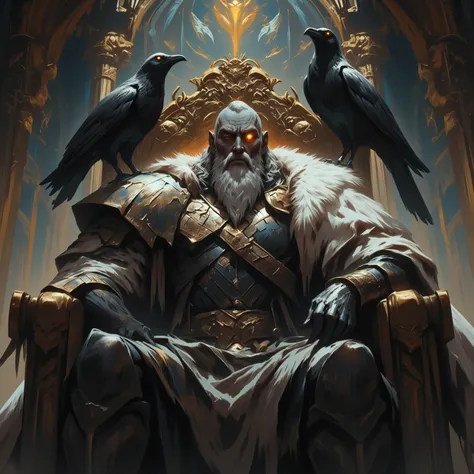 Norse god Odin, one eye closed shut, the other eye is open and burning with intensity, wearing white fur over Norse armor, black ravens perch on his shoulders, he is sitting in Valhalla
