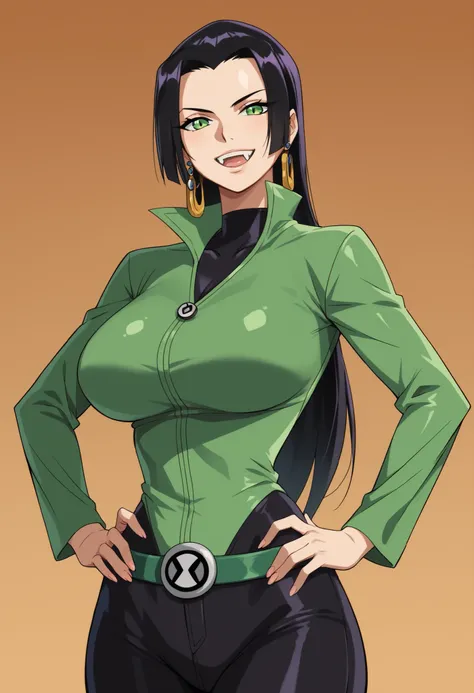 {{masterpiece, ultra-high quality, professionally detailed, professionally shaded}},Hancock Boa, GOOD, mature woman,1 girl, Alone,earrings, black hair, long hair,green eyes, huge breasts,bodysuit, green suit, pants, long pants, black pants, side opening, c...