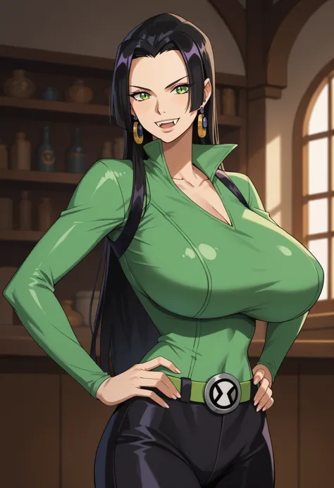 {{masterpiece, ultra-high quality, professionally detailed, professionally shaded}},Hancock Boa, GOOD, mature woman,1 girl, Alone,earrings, black hair, long hair,green eyes, huge breasts,bodysuit, green suit, pants, long pants, black pants, side opening, c...