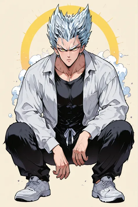 One Punch Man [Garou] illustration,Silver Hair,Silver eyebrows,yellow eyes,full body,Original Style, guy,adult, clean background 