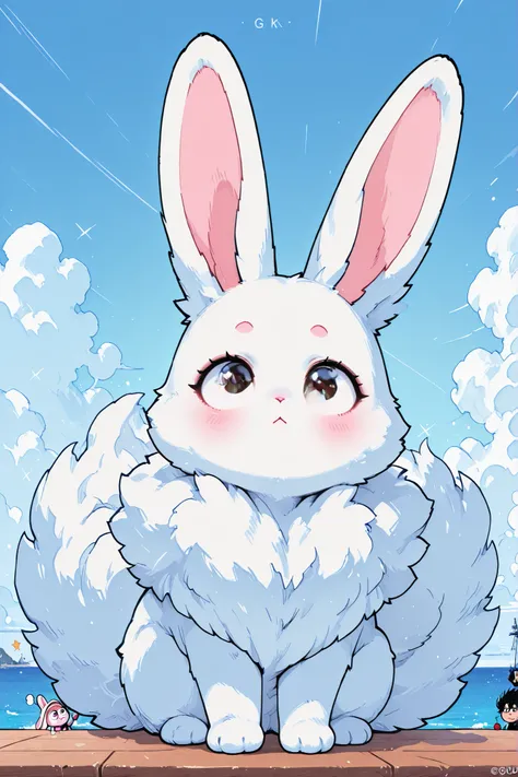 masterpiece, best quality, female rabbit, soft fur, cute,  big eyes, anime style, high resolution on the coast, cute 포즈, Fluffy,  detailed texture , 8k, One Punch Man, Garou, Guy
