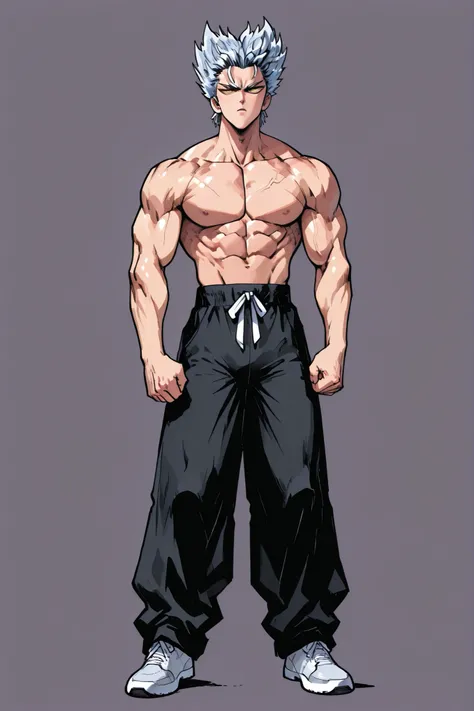 One Punch Man [Garou] illustration,Silver Hair,Silver eyebrows,yellow eyes,full body,Original Style, guy,adult, clean background ,adult,Created based on a lean muscular body