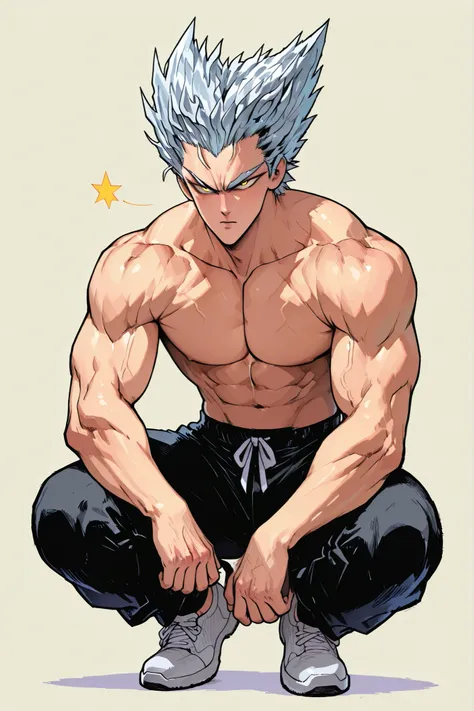 One Punch Man [Garou] illustration,Silver Hair,Silver eyebrows,yellow eyes,full body,Original Style, guy,adult, clean background ,adult,Created based on a lean muscular body