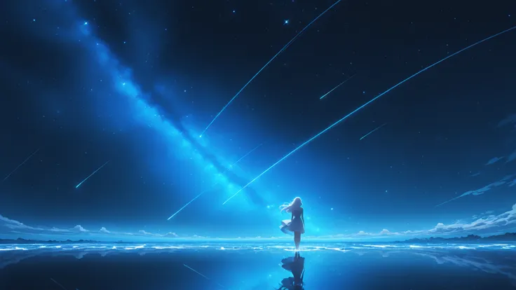 StarrySkies,scenery, stars (sky), background, night sky, ((scenery)),girl, girl against the background of the starry sky, starry sea, sea of stars, water in which the stars are reflected. girl stands with her back to the camera and looks at the stars. girl...