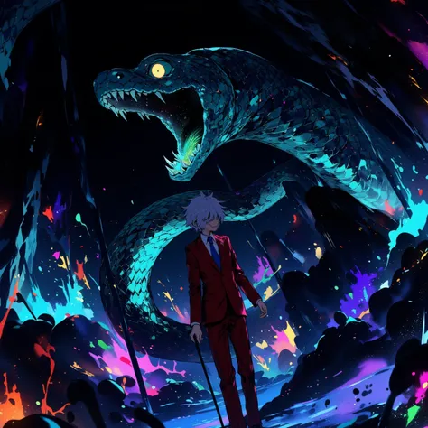 masterpiece, best quality, newest, dynamic angle, motion blur, in the foreground is a character: 1boy, gray hair, one blind eye, scars, wearing suit, holding cane, red striped suit, blue tie, arms outstretched on either side, from below, close up, ((large anaconda, mouth open, lunging)), ((close up of anaconda)),, glowing eyes, ((scaled, colorful scales, glimmering scales, glowing scales)), ((dark cave, glowing stalagmites, glowing water)), light particles, ((speed lines, enormous snake)), dynamic illustration, dramatic lighting, speed lines, colorful splash effect,