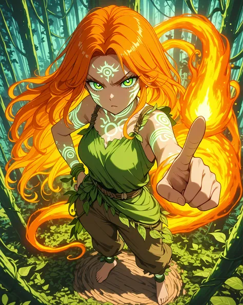 high angle, full body portrait, (intricate details, ultra high resolution, masterpiece, 4k, vivid colors, detailed image), {1woman}:(a forest spirit woman with vibrant orange hair made of living fire, bright green eyes, and tribal markings on her face, st...