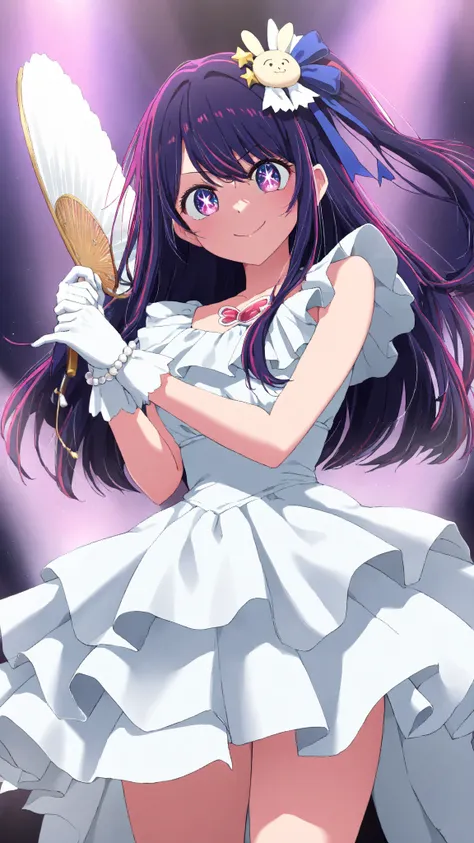 high quality photograph, masterpiece, ultra detailed, Hoshino Ai Oshi no Ko style, ((precise anime design like in the show)), ((long hair, purple hair,  brilliant)), (purple eyes,  star-shaped eyes, expressive anime style)), (( smile )) ,rococo dress 。White dress with full hem。long white gloves。white fan。 pearl ornaments 。
