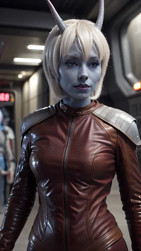 mulher andoriana, (estrangeiro:1.3), cabelo branco, pele azul, antenas, leather armor, Science-fiction spaceship interior,  