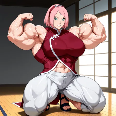 1 girl,Alone, muscular girl, haruno sakura , pink hair , short hair , green eyes , forehead mark , hairband , red sleeveless dress , navel , large breasts , white pants , sandals, sakura haruno, female bodybuilder, front double biceps pose, pink hair, musc...