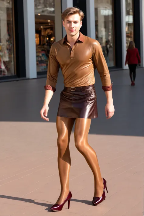 a young Caucasian male guy with a male face, wears a leather mini skirt, beiges Outdoorshirt, medium brown amber shiny 40den pantyhose, burgundy closed pumps, the male face guy runs in his pantyhose in a shopping mile in sunshine.
