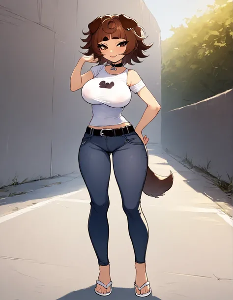 masterpiece, mejor calidad,
outdoor,
full body,seductive smile,open lips,long eyelashes,
standing, posing, 
me,1girl,Alone,dog girl,short hair,brown hair,straight bangs,dog ears,brown eyes,black choker,dog tail,(((white fitted sleeveless mini t-shirt))),ti...