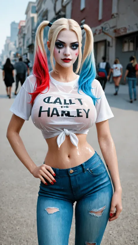 A female character in Harley Quinn style, with blonde hair in two pigtails, tips dyed blue and red. Distinctive facial makeup with red and blue eyeshadow around the eyes and red lips. She wears a white t-shirt tied at the waist, revealing part of her abdom...
