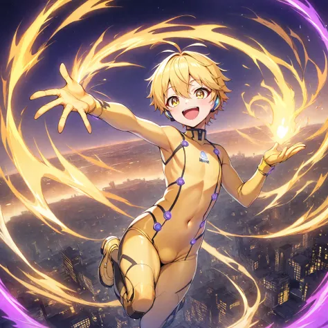 ncpy43 style, 1male, femboy, adult, curvy, flat chest, yellow glowing aura, glowing yellow body, glowing yellow magic, short yellow blonde hair, yellow button suit, joyful, happy, greeting, beautiful, beautiful yellow eyes, sky, purple glowing city, night ...