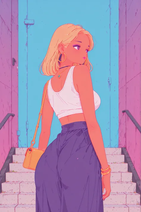 1girl, stairs, jewelry, handbag, solo, hoop_earrings, bag, breasts, earrings, perfect_round_big_ass, bracelet, dark_skin, dark-skinned_female, blonde_hair, long_hair, skirt, makeup, large_breasts, long_skirt, from_behind, looking_back, eyeshadow, necklace,...