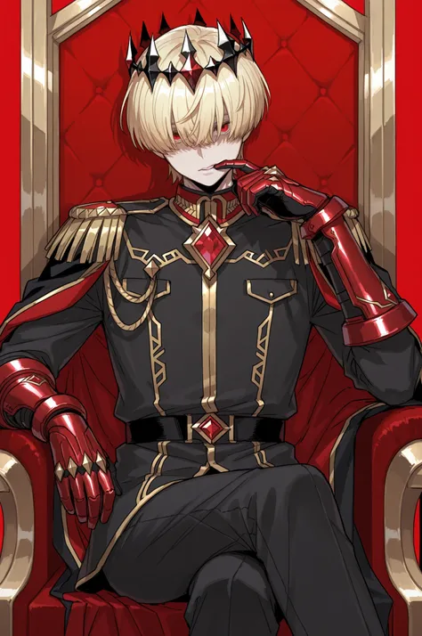1 boy, short cut blonde hair, bangs over eyes, red eyes, diamond shaped crown, military uniform, red gauntlets, snaping, sitting on a throne, red background, look at viewer 