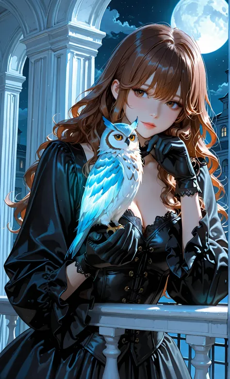 semi-realistic anime-like mafia boss woman with wavy reddish brown hair, holding a small owl in gloves, is confidently perched on a gothic balcony, The full moon's brilliance , Cold fog swirling, 3/4 figures, Glowing Feather
