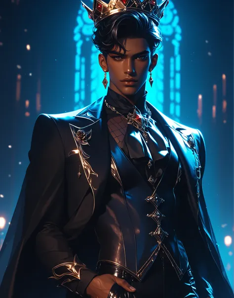 (((Masterpiece))), top quality, handsome dapper gothic male Prince, super detailed, dark red corset vest, pants, shiny dark skin, very long straight voluminous black hair, dark eyes, adorned with a diamond crown decorated with dark gemstones and black rose...