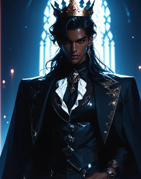(((Masterpiece))), top quality, handsome dapper gothic male Prince, super detailed, dark red corset vest, pants, shiny dark skin, very long straight voluminous black hair, dark eyes, adorned with a diamond crown decorated with dark gemstones and black rose...