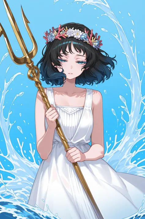 1 woman, short hair, wavy black hair, bangs, cyan gradient hair, white greek dress, blue shells details, coral wreath crown, golden trident, blue background, look at viewer, water splashes, half-closed eyes, blue eyelashes 