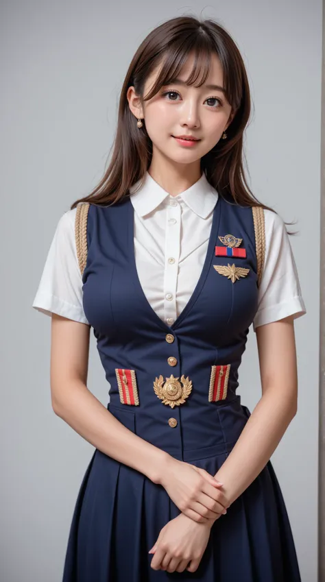 Girl in Uniform, Charming Girl, Gwyds, I'm wearing a cute, nice uniform, Model face, (big breasts, cleft), tight waist, slender body line, Charming Girl, artwork in the style of Gwyds, beautiful girl, Anime Style 4 k, beautiful attractive women, Anime Sty...