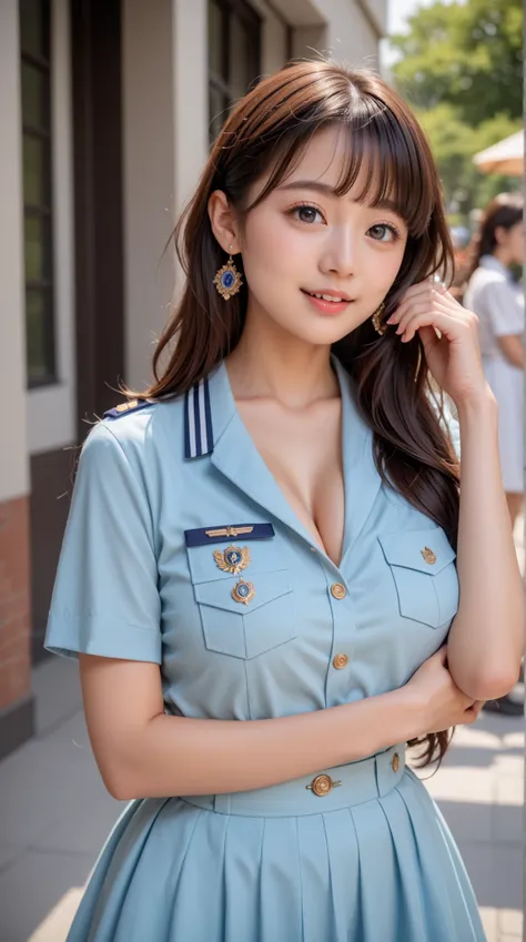 Girl in Uniform, Charming Girl, Gwyds, I'm wearing a cute, nice uniform, Model face, (big breasts, cleft), tight waist, slender body line, Charming Girl, artwork in the style of Gwyds, beautiful girl, Anime Style 4 k, beautiful attractive women, Anime Sty...