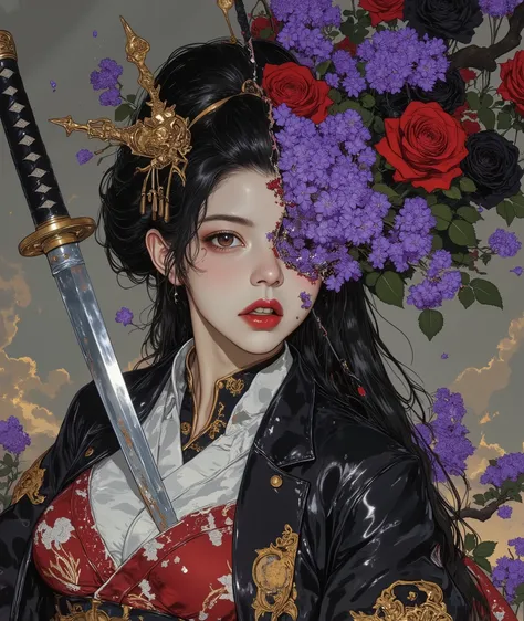 A furious warrior geisha in a black suit with gold details, is being sliced in two parts by a samurai sword, The geisha is pale skinned and with long black hair , when divided in two, beautiful purple flowers sprout and emerge, red and black roses .