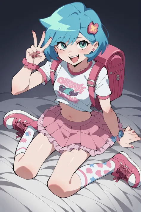 Solo, ((high_quality)), ((Super_Detailed)),Girl with light blue hair, medium hair, happy, pop art, psg,official style, Navel-baring look, jyojifuku, print clothes,pastel color clothes, tight shirt, tight skirt, printed pattern thighhighs, backpack, socks, ...
