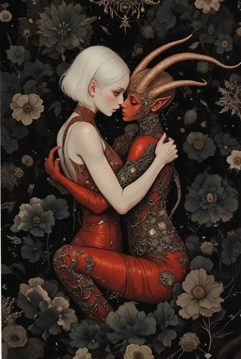 White-haired pale skin girl bob, with black buso merges into an embrace with a red-skinned girl with long horns black flowers background