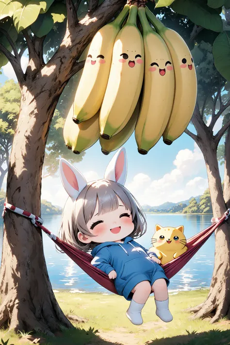 chibi-anime, intricated illustration, dramatic scene, shadow, (chibi), there are 1 girl\(a sleepy little character, silver short haired, wearing a knee-length blue wide-fit hoodie, wearing rabbit ears, with eyes tightly closed, a weak expression, white socks\) and cute banana character( cute animated chibi character of a banana, simplified banana character, simple smiled face, simplified eyes, meowing\),  a cute chibi girl is resting in a hammock tied between large banana trees. she looks happy and sleepy. the banana tree stands in a tropical banana grove with a beautiful lake view. sunlight is gentle and summery. a large bunch of unripe bananas that each one a character with a unique cute face are hanging together from the tree, smiling and enjoying the sunny day, smiling and enjoying the moment. the atmosphere is peaceful and joyful.