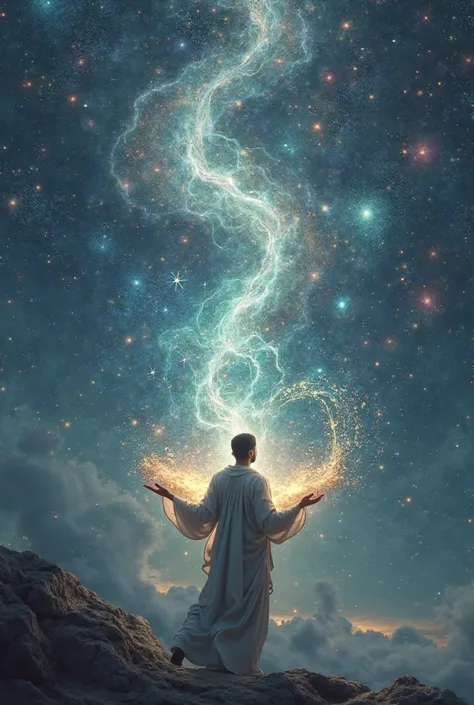 A man seeing the universe holding the essence in his hands 