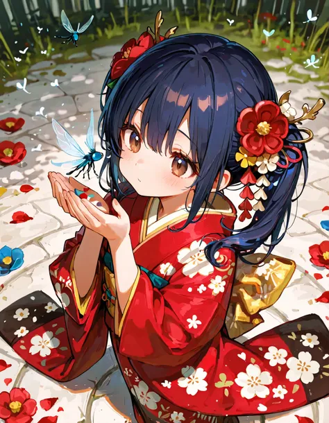 cute, 748cmstyle,8K, fantasy, highly detailed, from above, (Masterpiece, side light, thin and beautiful eyes:1.2), beautiful eyes, detailed eyes, an anime-style image, A cute girl with striking dark brown eyes and long dark blue hair with twin tails, (wear...