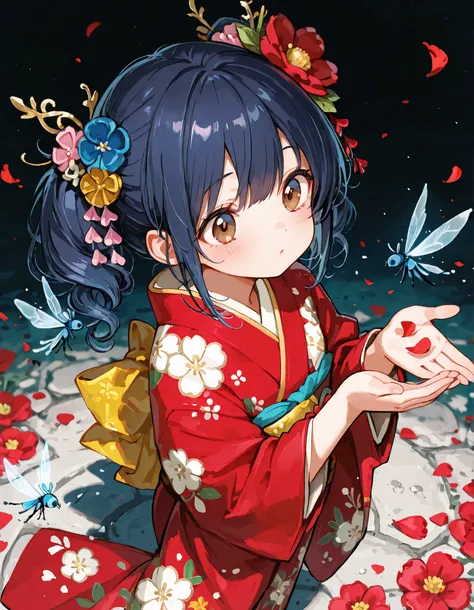 cute, 748cmstyle,8K, fantasy, highly detailed, from above, (Masterpiece, side light, thin and beautiful eyes:1.2), beautiful eyes, detailed eyes, an anime-style image, A cute girl with striking dark brown eyes and long dark blue hair with twin tails, (wear...